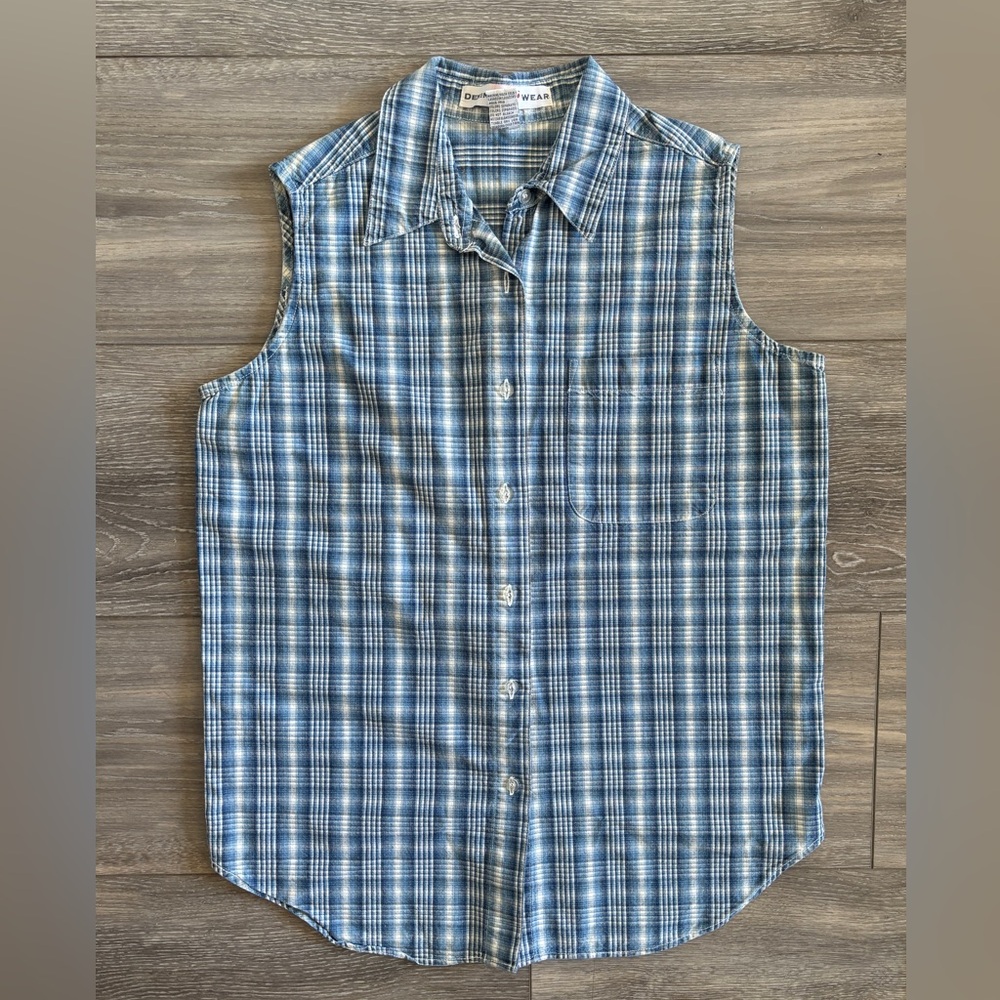 Vintage Denim Kikomi Wear Blue Plaid Collared Button Up Vest 100% Cotton Medium